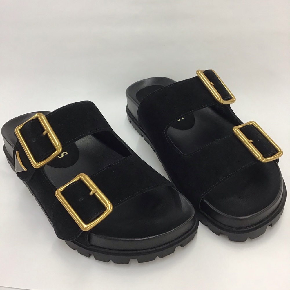 New Womens Guess Suede Sandals Fasten Double-Buckle Footbed Size 6 M Black 001 - Picture 4 of 7